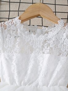 Đầm bé gái Tương phản ren Tương phản Mesh phân lớp màu trơn Buổi tiệc - trắng - Xem 3