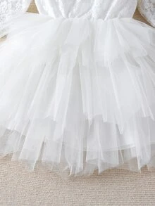 Đầm bé gái Tương phản ren Tương phản Mesh phân lớp màu trơn Buổi tiệc - trắng - Xem 5