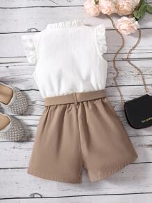 SHEIN Young Girl Color Block  Elegant Small Stand Collar 2pcs Set For Summer In Urban Style - Multicolor - View 2