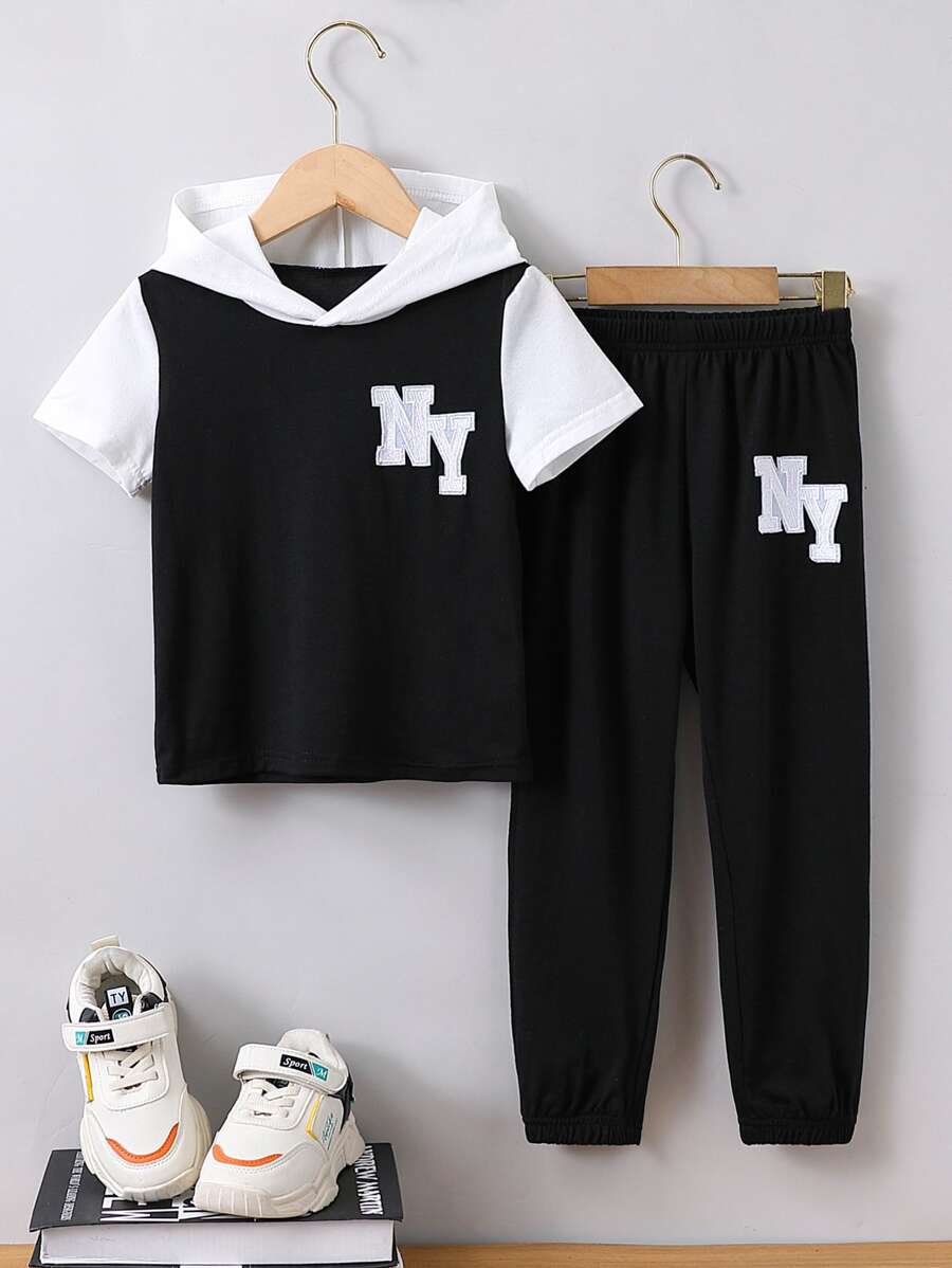 SHEIN Toddler Boys Letter Graphic Colourblock Hooded Tee & Joggers - Black and White - View 1
