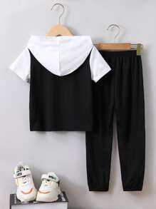 SHEIN Toddler Boys Letter Graphic Colourblock Hooded Tee & Joggers - Black and White - View 2