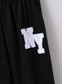 SHEIN Toddler Boys Letter Graphic Colourblock Hooded Tee & Joggers - Black and White - View 3