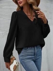 SHEIN Frenchy 素色泡泡袖襯衫 - 黑色 - 查看 1