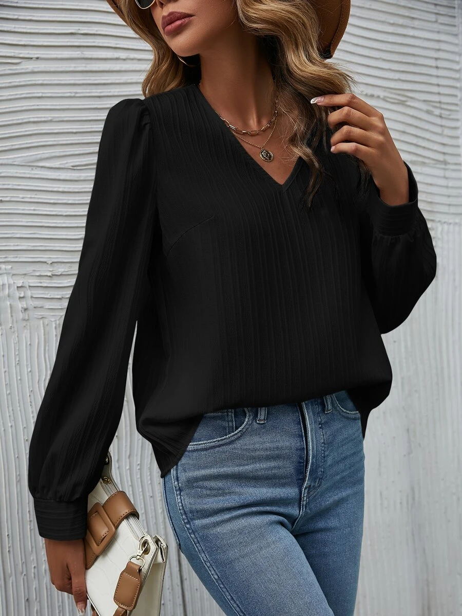 SHEIN Frenchy 素色泡泡袖襯衫 - 黑色 - 查看 1