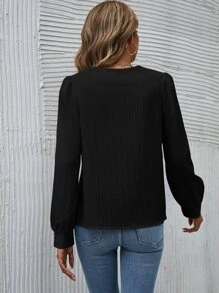 SHEIN Frenchy 素色泡泡袖襯衫 - 黑色 - 查看 2