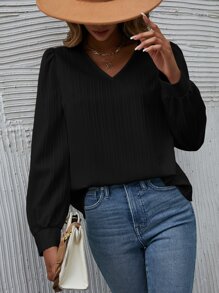 SHEIN Frenchy 素色泡泡袖襯衫 - 黑色 - 查看 4