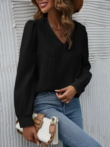 SHEIN Frenchy 素色泡泡袖襯衫 - 黑色 - 查看 5