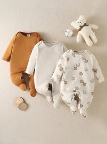 男嬰3入組卡通圖案包腳連體睡衣 - 彩色 - 查看 1