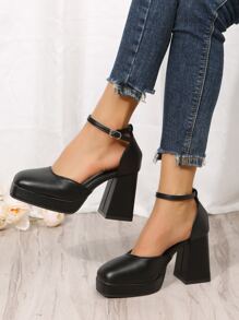 Fall/Winter Women Chunky Heel Classic Leather High Heels, Fashionable, Comfortable, Suitable For Outdoor Wear, Elegant, Mary Jane, Party,Platform Heels For Women - Black - View 4