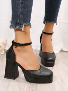 Fall/Winter Women Chunky Heel Classic Leather High Heels, Fashionable, Comfortable, Suitable For Outdoor Wear, Elegant, Mary Jane, Party,Platform Heels For Women - Black - View 5