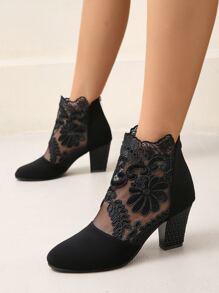 Floral Embroidered Mesh Panel Zip Back Heeled Faux Suede Boots - Black - View 2