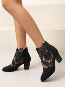 Floral Embroidered Mesh Panel Zip Back Heeled Faux Suede Boots - Black - View 3