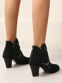 Floral Embroidered Mesh Panel Zip Back Heeled Faux Suede Boots - Black - View 4