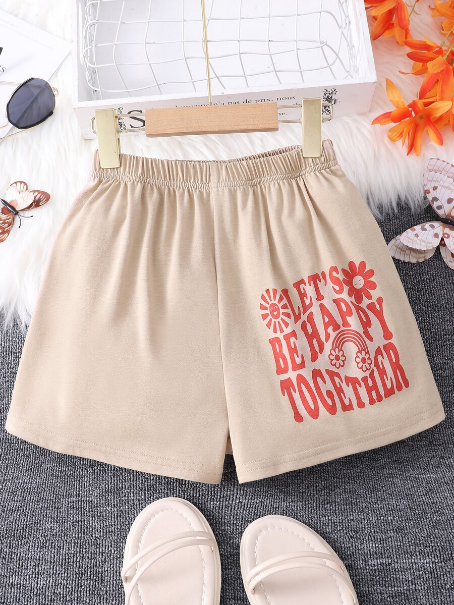 Girls Slogan & Cartoon Graphic Shorts - Khaki - View 1