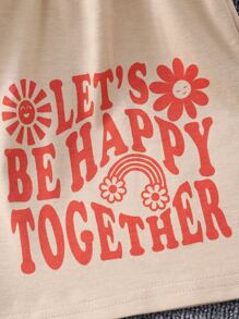 Girls Slogan & Cartoon Graphic Shorts - Khaki - View 3