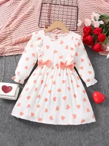 Toddler Girls Heart Print Ruffle Trim Flounce Sleeve Bow Front Dress - White - View 1