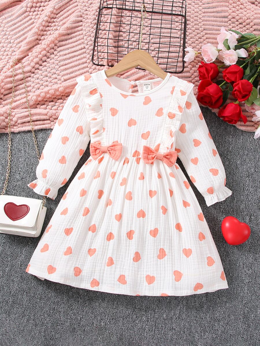 Toddler Girls Heart Print Ruffle Trim Flounce Sleeve Bow Front Dress - White - View 1