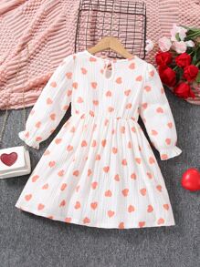 Toddler Girls Heart Print Ruffle Trim Flounce Sleeve Bow Front Dress - White - View 2