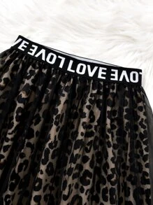 Girls Figure Graphic Asymmetrical Neck Pullover & Leopard Mesh Skirt - Multicolor - View 5