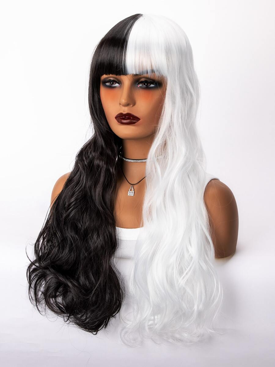 長款卷人造假髮帶劉海 - 黑與白 - 查看 1