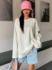 DAZY Chi tiết Patched thư Thả vai Viền kéo ra Áo nỉ - Màu be - Xem 6