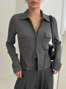 DAZY Flap Pocket Zip Up Jacket - Dark Grey - View 5