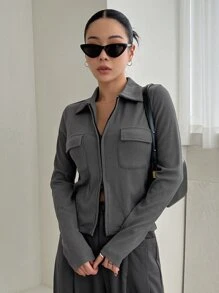 DAZY Flap Pocket Zip Up Jacket - Dark Grey - View 1