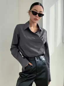 DAZY Áo sơ mi cài nút phía trước, quần áo mùa thu, áo dài tay - Màu xám đen - Xem 8