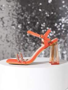 Rhinestone Decor Heeled Ankle Strap Sandals - Orange - View 2
