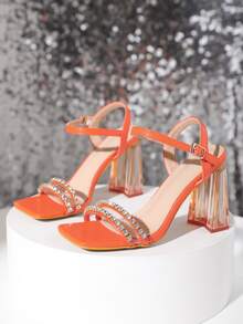 Rhinestone Decor Heeled Ankle Strap Sandals - Orange - View 3