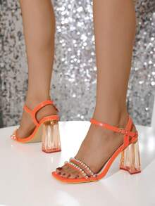 Rhinestone Decor Heeled Ankle Strap Sandals - Orange - View 4