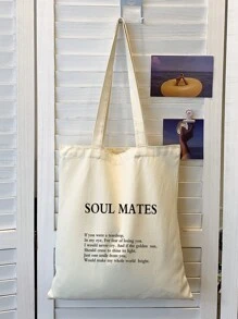 Slogan Graphic Shopper Bag School Bag For Graduate, Teen Girls, Freshman, Sophomore, Junior & Senior In College, University & High School, Perfect For Outdoors ,Travel & Back To School - Beige - View 6