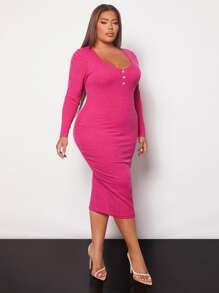 SHEIN SXY Plus Button Front Ribbed Knit Bodycon Dress - Hot Pink - View 4
