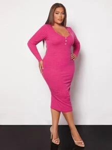 SHEIN SXY Plus Button Front Ribbed Knit Bodycon Dress - Hot Pink - View 5