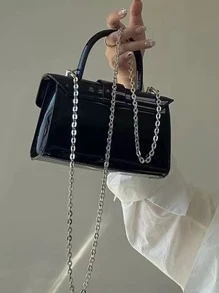 Waterproof Mini Minimalist Flap Artificial Patent Leather Square Bag, Waterproof, Sandproof Transparent Bag, Beach Sports Picnic Snacks Clear Purse For Women - Black - View 2