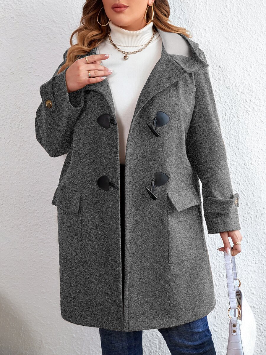 SHEIN LUNE Plus Flap Pocket Duffle Hooded Overcoat - Dark Grey - View 1