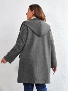 SHEIN LUNE Plus Flap Pocket Duffle Hooded Overcoat - Dark Grey - View 2