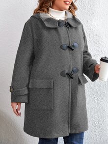 SHEIN LUNE Plus Flap Pocket Duffle Hooded Overcoat - Dark Grey - View 4