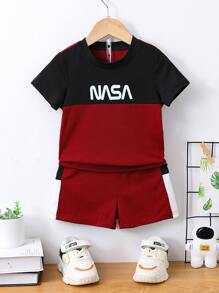 SHEIN Young Boy Contrast Color Letter Print Sports Street Style Regular Sleeve Round Neck Top And Shorts Set For Summer - Multicolor - View 1