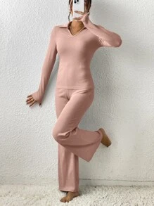 SHEIN Essnce Solid Ribbed Knit Tee & Flare Leg Trousers - Dusty Pink - View 5