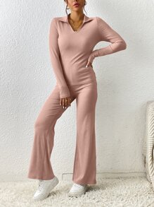 SHEIN Essnce Solid Ribbed Knit Tee & Flare Leg Trousers - Dusty Pink - View 6