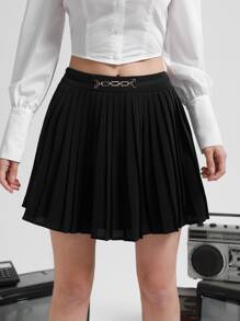 SHEIN MOD Chain Detail Pleated Skirt - Black - View 3