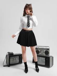 SHEIN MOD Chain Detail Pleated Skirt - Black - View 1