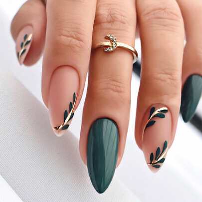 Get Glamorous With 24pcs Long Almond Solid Green Leaf Pattern Leaf Pattern Fake Nail & 1pc Nail File & 1sheet Tape Press On Nails Nail Supplies