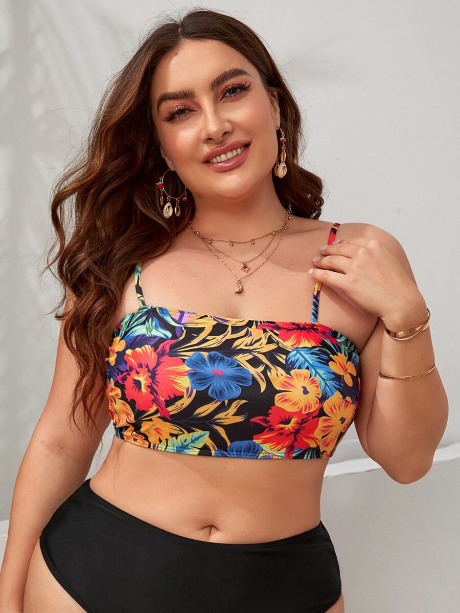Plus Tropical Print Bikini Top - Multicolor - View 1