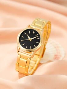 1 pieza Reloj cuarzo de puntero redondo & 4 piezas Set joya - Dorado - Ver 2