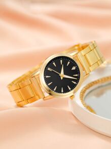 1 pieza Reloj cuarzo de puntero redondo & 4 piezas Set joya - Dorado - Ver 3