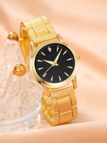 1 pieza Reloj cuarzo de puntero redondo & 4 piezas Set joya - Dorado - Ver 4