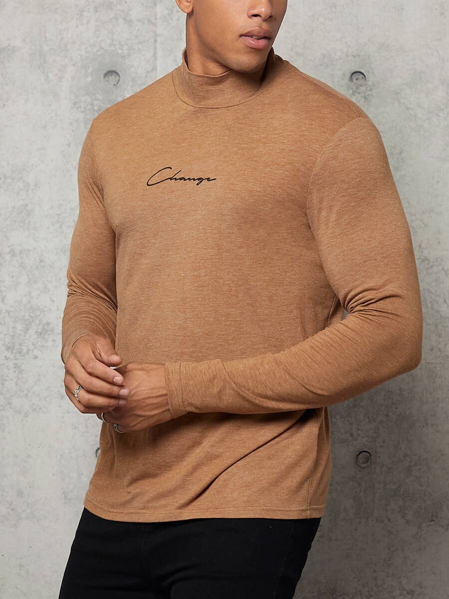 Manfinity Men Letter Graphic Mock Neck Tee - Brown - View 1
