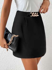 SHEIN Clasi Chain Detail Straight Skirt - Black - View 5
